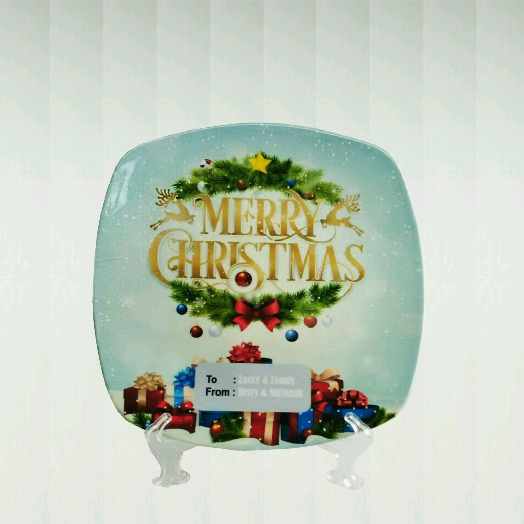 Pre Order Custom : Piring Makan Ceper Segi 4 Motif Spesial Natal 10 inch